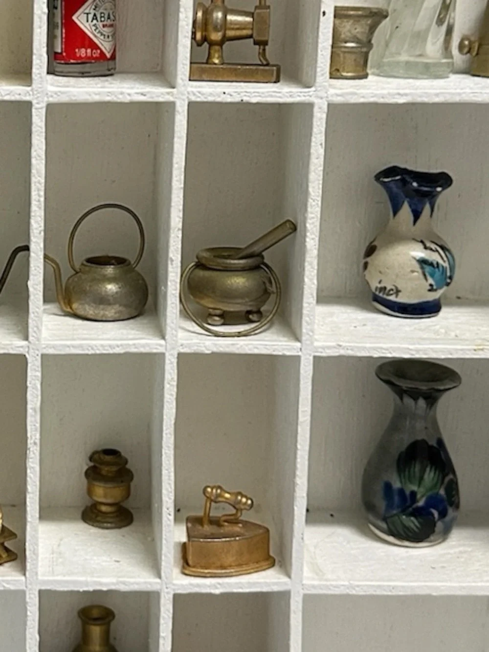 Vintage Curio Shelf Curated Miniature Trinket 32 Pcs Brass/ Ceramic Shadow Box